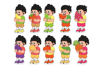 Cute Kid Eating Fruit Collection Cartoon Illustration