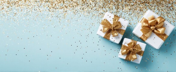 White gifts with gold bows on blue background with confetti