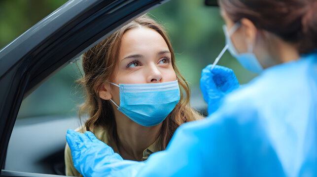 A young woman receives a COVID-19 test in her car from a healthcare worker wearing protective gear.