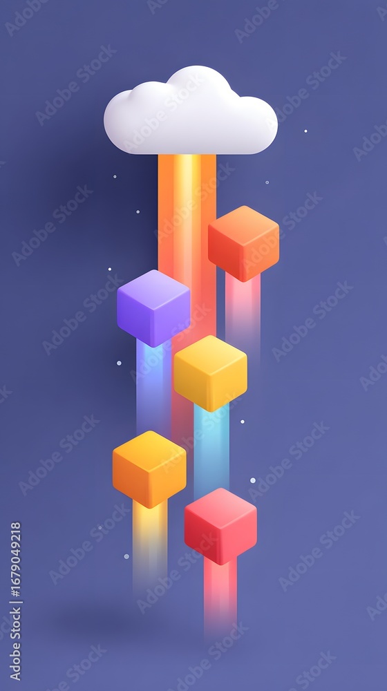 Poster a colorful, abstract graphic depicting a cloud with vibrant rays and floating geometric shapes, crea