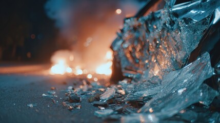 A dramatic scene showcasing shattered glass and flames, hinting at a recent vehicle accident or explosion under night lighting.