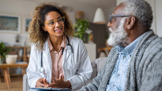 A female Black doctor in a white coat listens attentively to a senior Black man during a consultation.