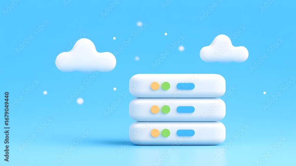 Poster a stylized illustration of three data storage devices against a blue background with clouds, symboli