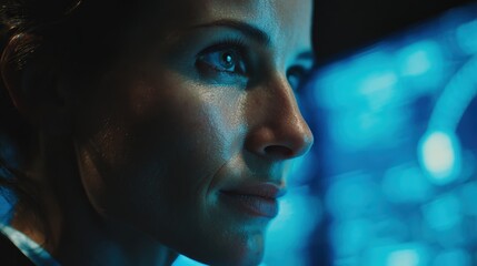 A close-up of a woman"s face illuminated by blue light, conveying focus and intensity in a technological setting.