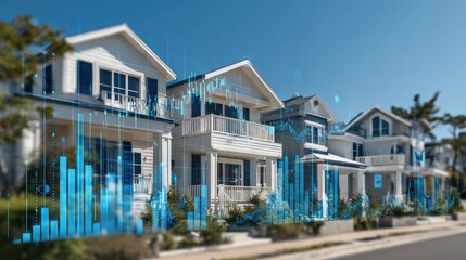 Futuristic houses with digital data overlays, blending technology and architecture, showcasing innovation in modern living environments.