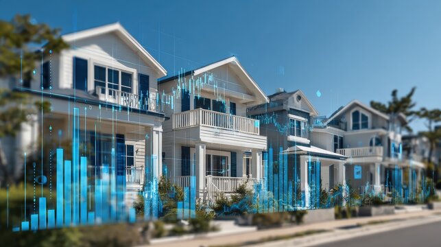 Futuristic houses with digital data overlays, blending technology and architecture, showcasing innovation in modern living environments.