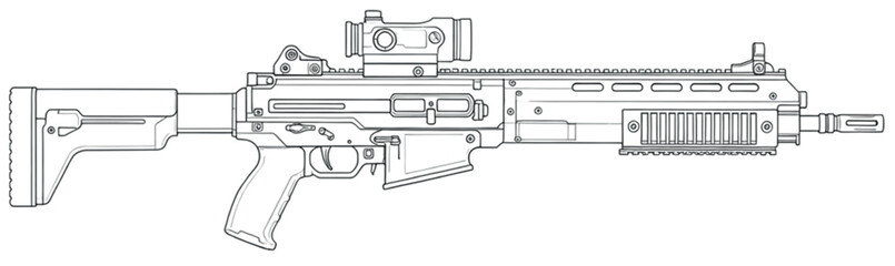 XM25 CDTE Punisher Grenade Launcher – Technical Line Art Blueprint Vector of Modern Military Weapon

