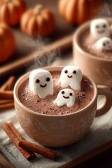 Hot chocolate topped with marshmallow ghosts for a spooky season treat.