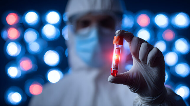 A healthcare professional in protective gear holding a test tube with a glowing liquid, set against a colorful bokeh background. - Powered by Adobe