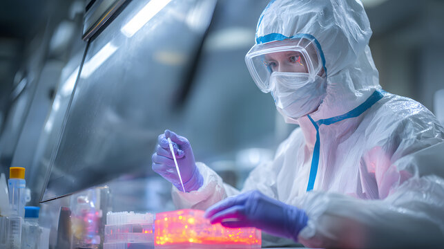 A focused female scientist in protective gear works with samples in a high-tech laboratory.