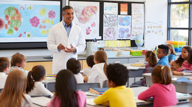 A male teacher enthusiastically instructs a diverse group of children during a science class, fostering curiosity and engagement.