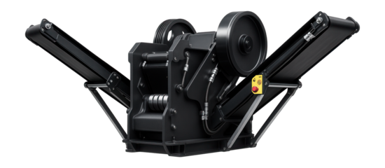 Portable jaw crusher with foldable conveyor belts for flexible operations in a demolition site.