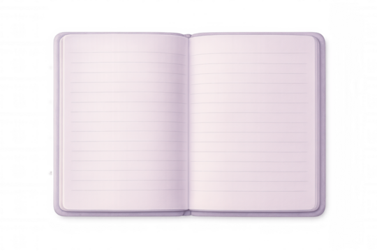 Open purple notebook with blank lined pages isolated on transparent background, ideal for educational or business concepts