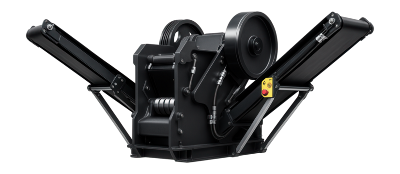 Portable jaw crusher with foldable conveyor belts for flexible operations in a demolition site.