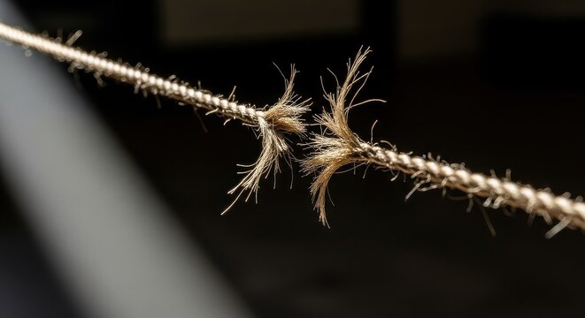 Close up shot of a fraying rope under tension revealing its broken fibers and imminent failure