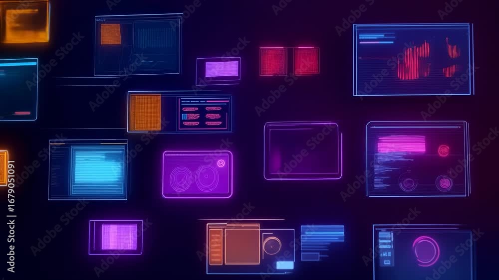 Poster immersive digital landscape with floating holographic interface screens displaying complex technolog