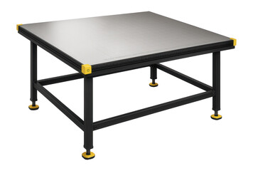 Cutting table with a large flat surface and integrated measuring grid for textile factories.