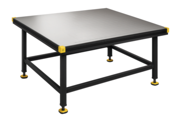 Cutting table with a large flat surface and integrated measuring grid for textile factories.