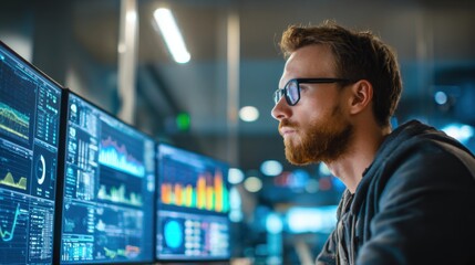 A data analyst observes various graphs and charts displaying analytical data on multiple screens in a contemporary office setting during the evening.
