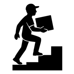 Black Silhouette Courier Climbing Stairs with Delivery Package Vector Isolated on White Background