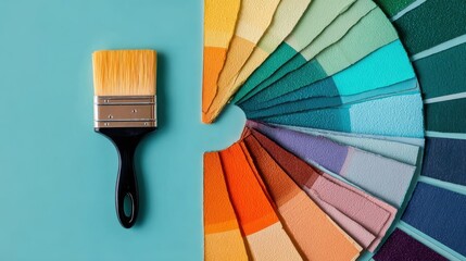 Paint Brush and Colorful Circular Color Wheel on Teal Background, for art tutorial, creative workshop, or design education material