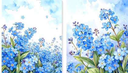 Watercolor forget-me-nots in a field.  Two panels