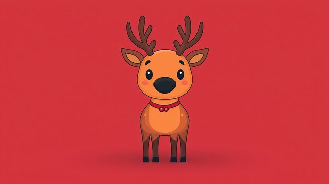 Cartoon Deer with Red Collar on Red Background (Christmas Kids Illustration & Brand IP)