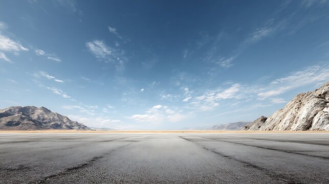 A wide-angle ground with a clear sky and mountainous background for vehicles or products placement. Copy space image. Place for adding text or design ... See More.