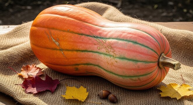 Vibrant Orange Squash with Green Stripes Resting on Burlap Surrounded by Autumn Leaves and Acorns