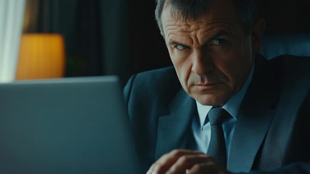 Middle-aged male business executive in suit deeply focused on computer screen, seemingly addressing complex work matters.