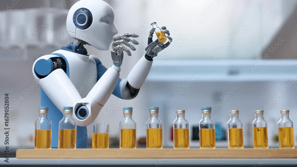 Poster high-tech robotic system methodically examining yellow liquid samples in sterile scientific environm