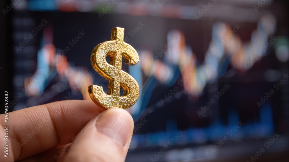 Poster a hand holds a shiny golden dollar symbol in front of a blurred financial chart displaying upward tr