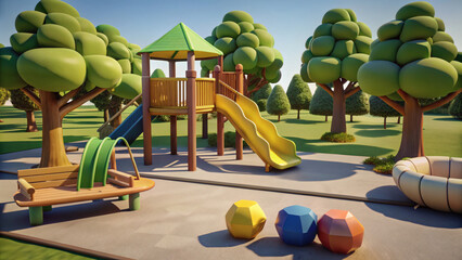 3D Illustration of Modern Playground for Kids with Colorful Equipment