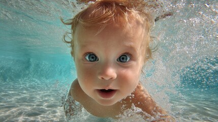 A joyful child swims underwater in a sparkling pool, showcasing bright blue eyes and an excited expression, surrounded by bubbles and clear water on a warm day.