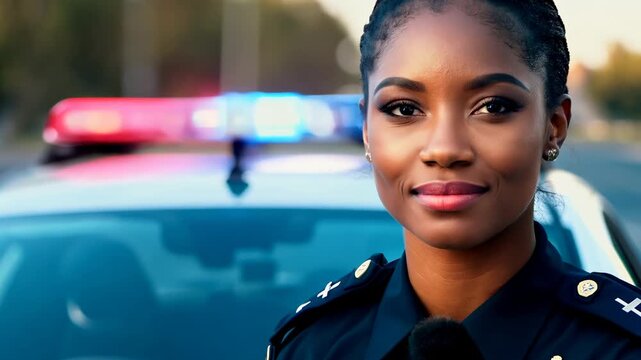 African American female police officer - female cop posing for photo with a police car.