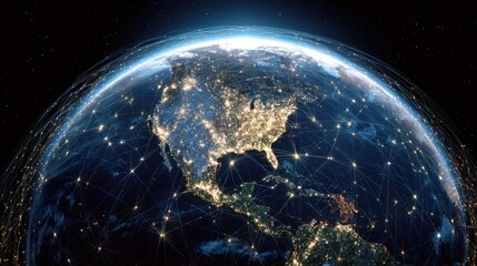 Obraz premium View of Earth from space highlighting North and Central America at night. Vibrant city lights create a network of illumination while showing the interconnectivity of various regions.