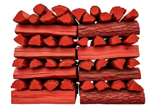 Stacked, vibrant red wood pieces arranged in a geometric pattern against a black background.