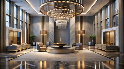3D Illustration of a Luxury Hotel Lobby with Modern Interior Design