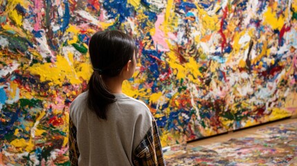 Obraz premium A young child stands in front of a large abstract painting filled with bright colors and textures. The art is displayed in a sunny gallery setting, inviting exploration and creativity.