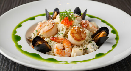 Exquisite Seafood Risotto: A Culinary Delight of Scallops, Mussels, and Shrimp