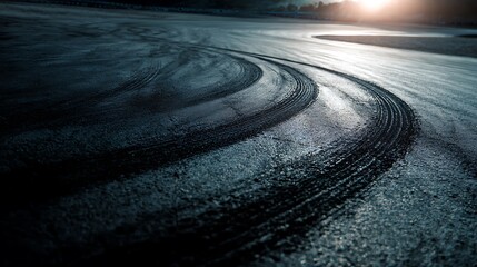 Abstract texture surface and background of car tire drift skid mark on road race track, Black tire mark on street race track, Automobile and automotive concept.