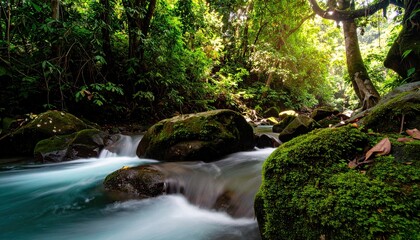 Tranquil Jungle Stream Flowing Over Mossy Rocks