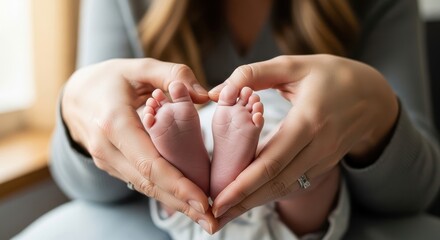 Parental Hands Forming a Heart Shape Around Tiny Newborn Baby Feet