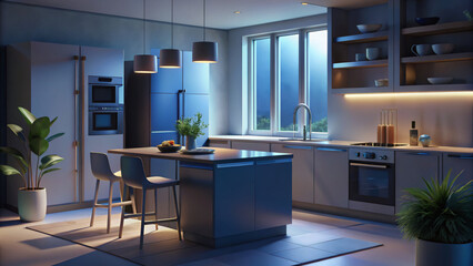 3D Render of Smart Kitchen with Modern Appliances and Technology