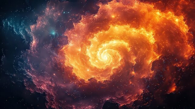 Vibrant Spiral Galaxy: A stunning cosmic swirl of firy orange and deep blue hus, capturing the beauty ofthe universe for space entusiasts and creatives alik.