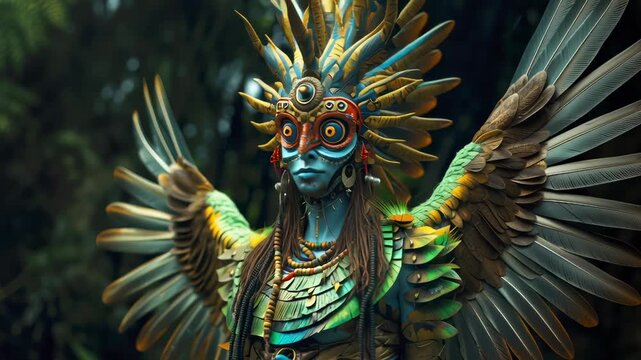 Aztec-inspired deity Quetzalcoatl with elaborate feathered costume, blue skin, ornate headdress, and expansive wings. Detailed mythological character positioned in forest background