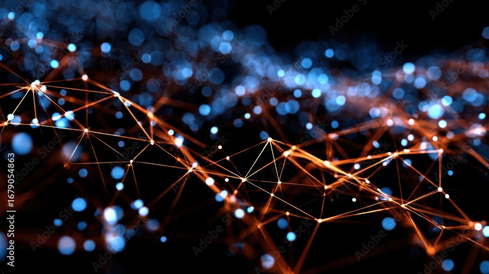 Poster a network of glowing points and interconnected lines creates an abstract visual in a dark setting. t