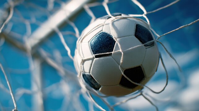 A soccer ball is seen firmly lodged in the net of a goalpost under a clear blue sky. Players are likely celebrating a successful score during an outdoor match.