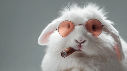 Obraz premium A white rabbit sports round sunglasses and holds a cigar casually, presenting a striking and humorous image against a simple backdrop, creating a playful vibe.