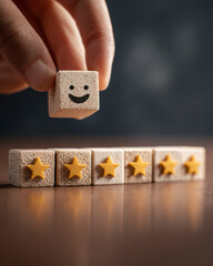 Customer satisfaction rating with five stars and a smiley face. Service evaluation feedback. Positive experience.
